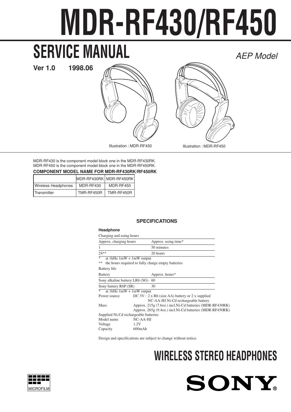 sony mdr rf 430 service manual