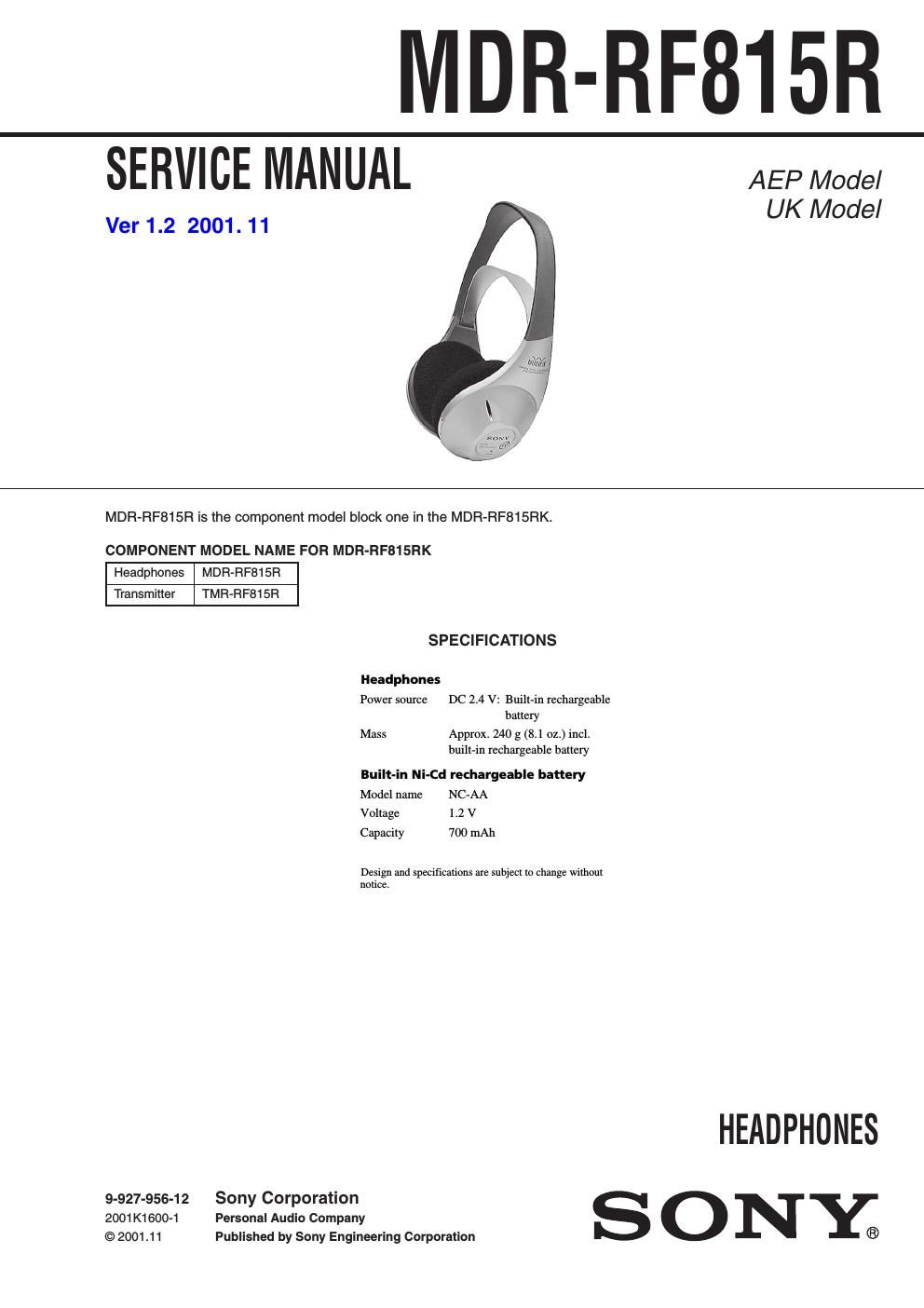 sony mdr rf 815 r service manual