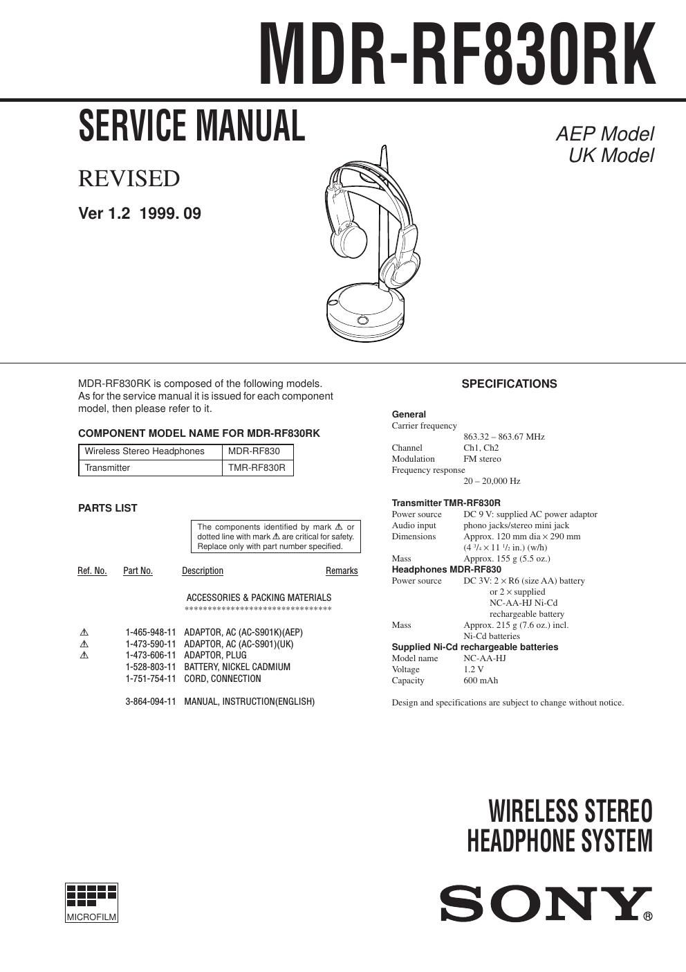 sony mdr rf 830 rk service manual