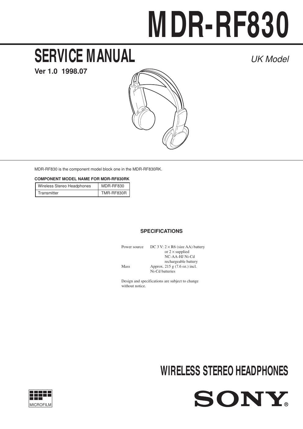 sony mdr rf 830 service manual