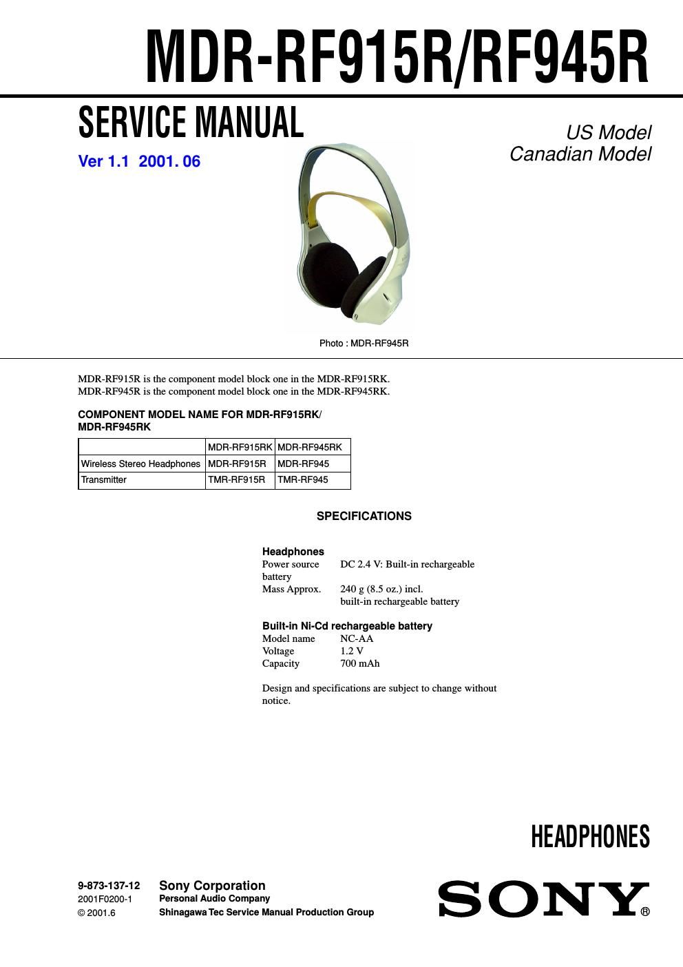 sony mdr rf 915 r service manual