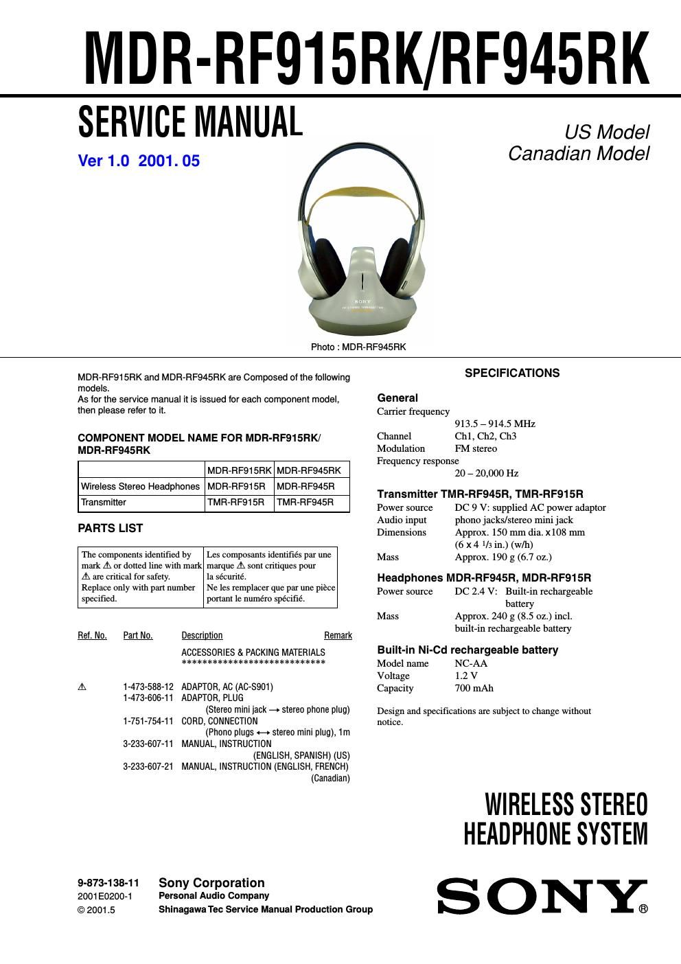 sony mdr rf 915 rk service manual