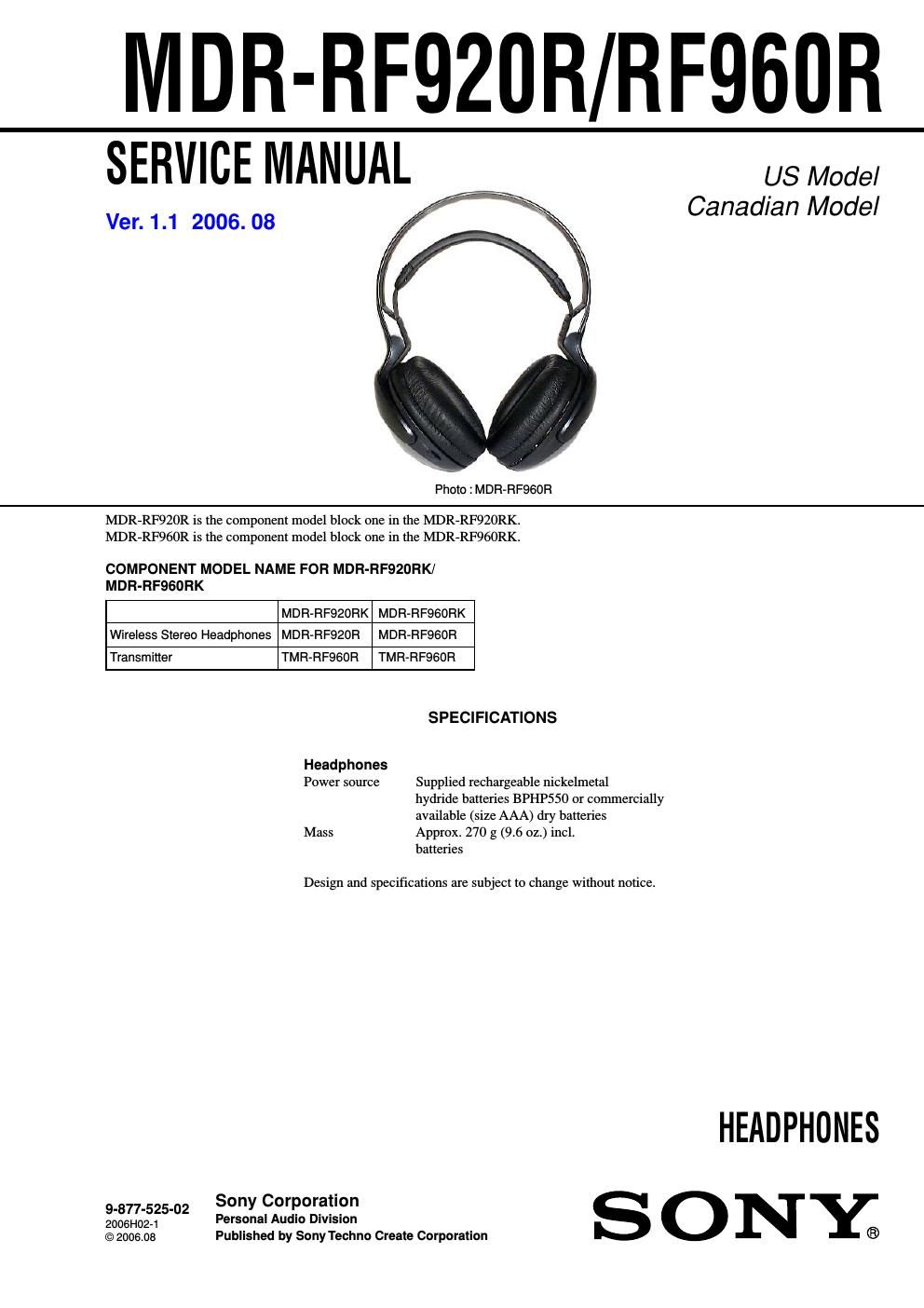 sony mdr rf 920 r service manual