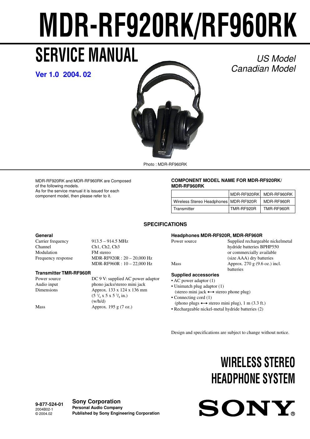 sony mdr rf 920 rk service manual