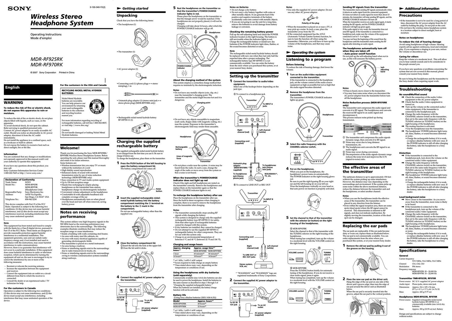 sony mdr rf 925 r owners manual