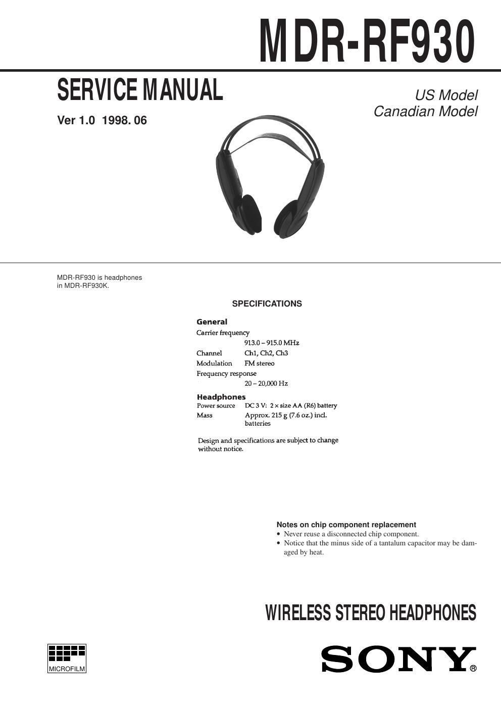 sony mdr rf 930 service manual