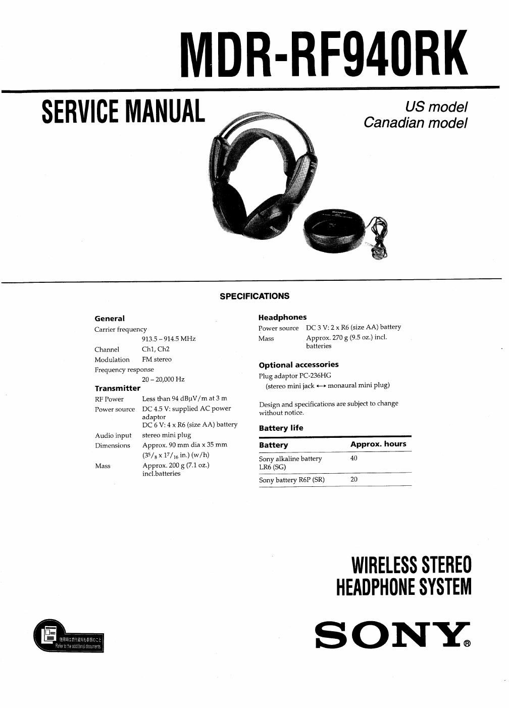 sony mdr rf 940 rk service manual