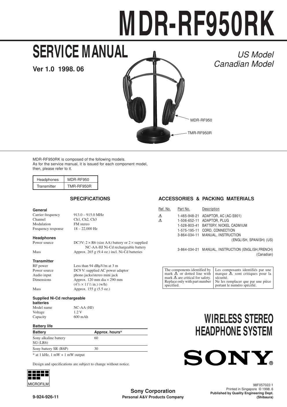 sony mdr rf 950 rk service manual