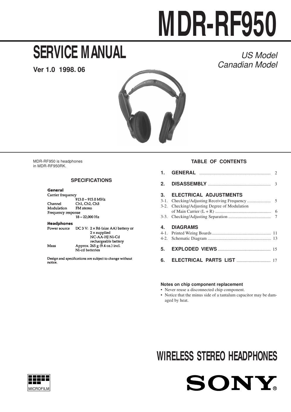 sony mdr rf 950 service manual