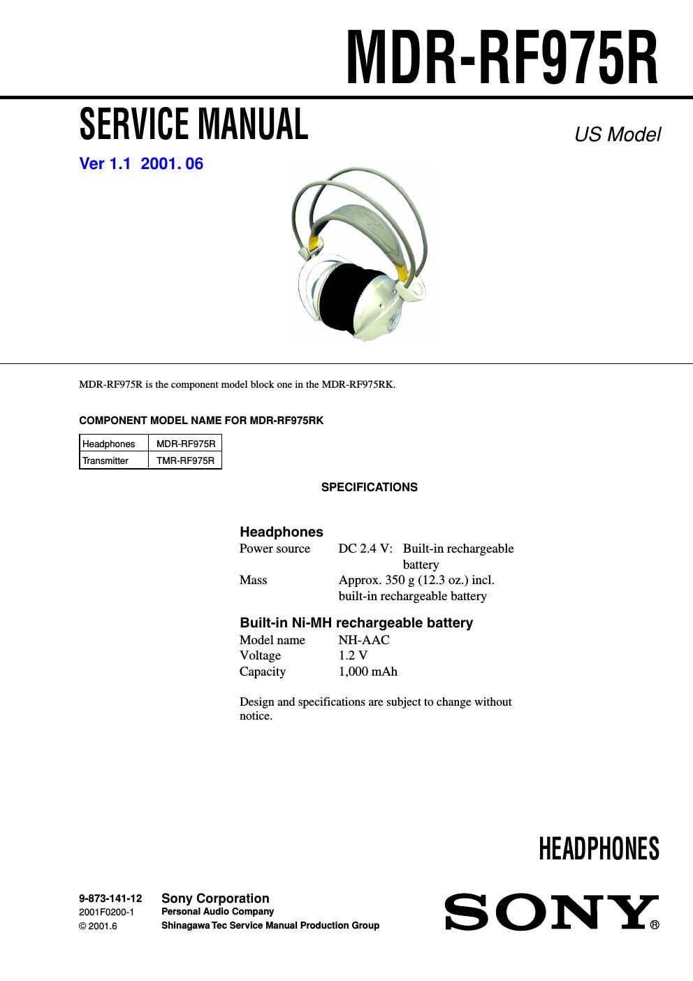 sony mdr rf 975 r service manual