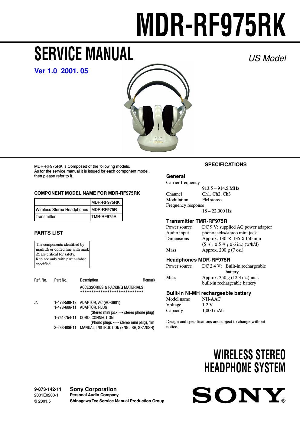 sony mdr rf 975 rk service manual