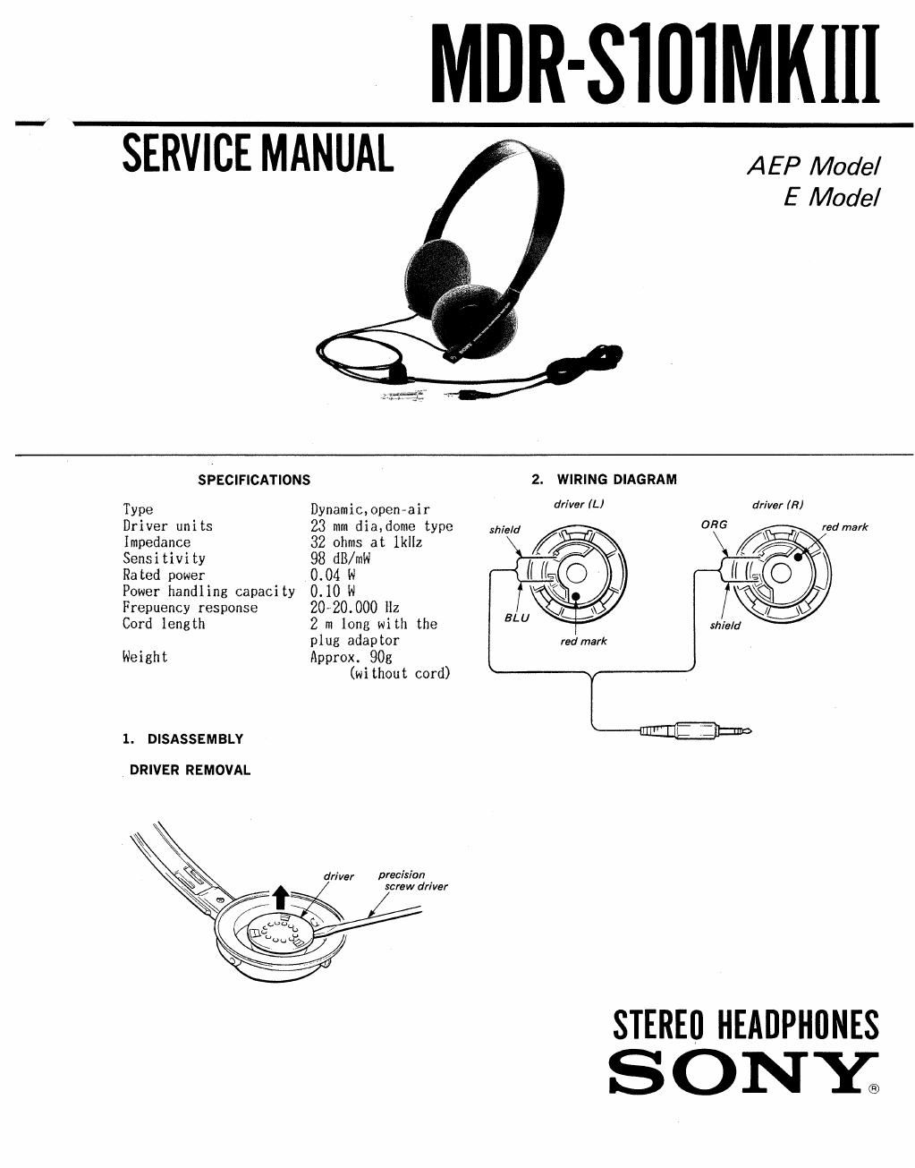 sony mdr s 101 mk3 service manual