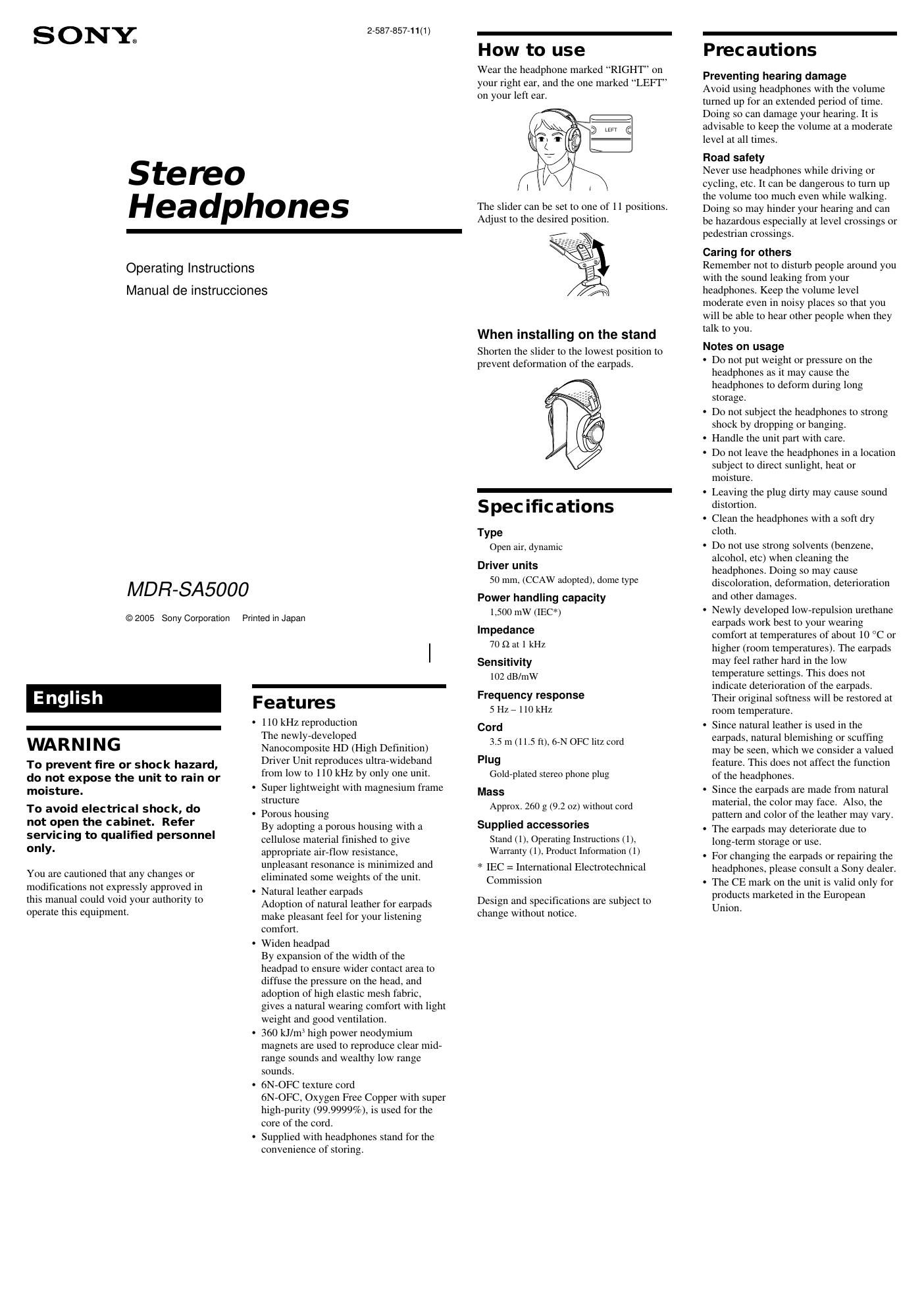 sony mdr sa 5000 owners manual