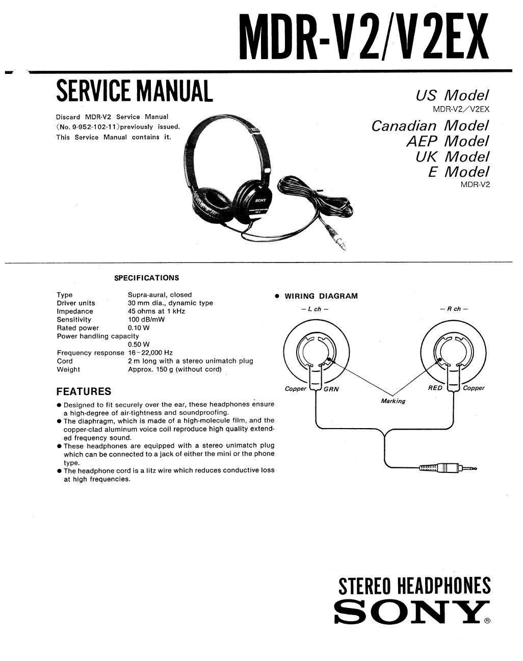 sony mdr v 2 ex service manual