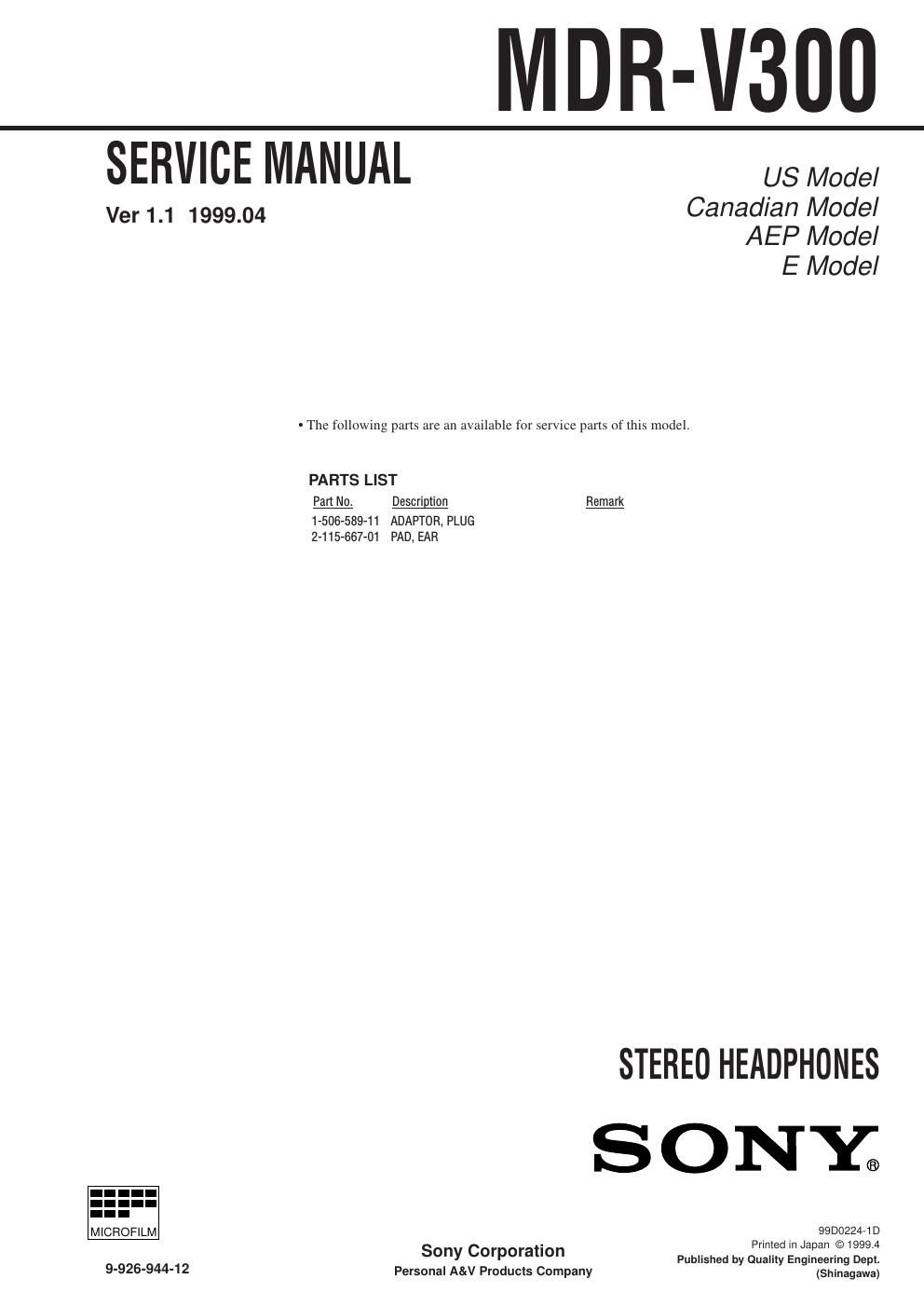 sony mdr v 300 service manual