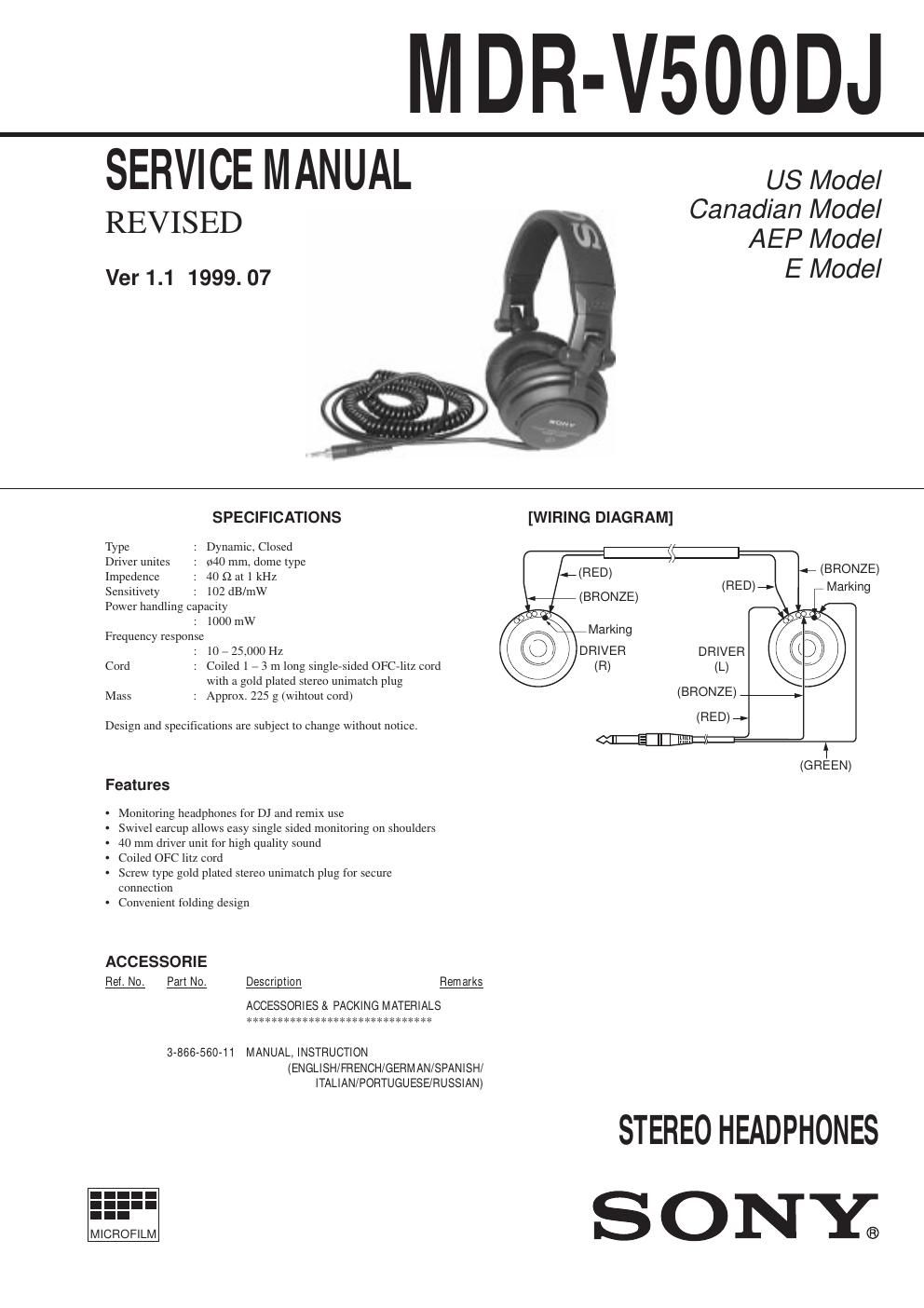 sony mdr v 500 dj service manual