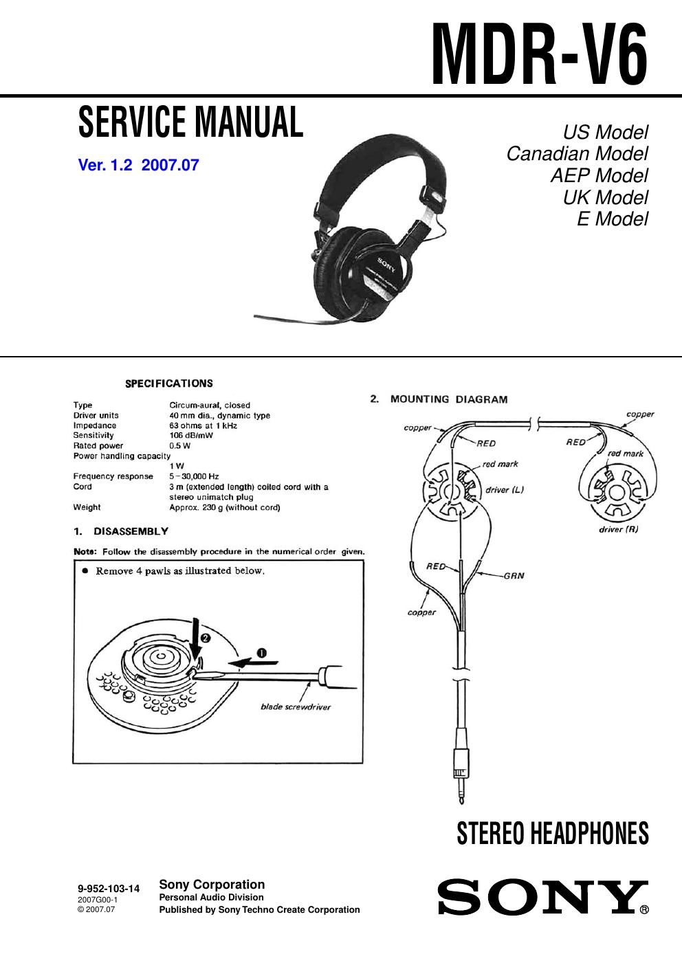 sony mdr v 6 service manual