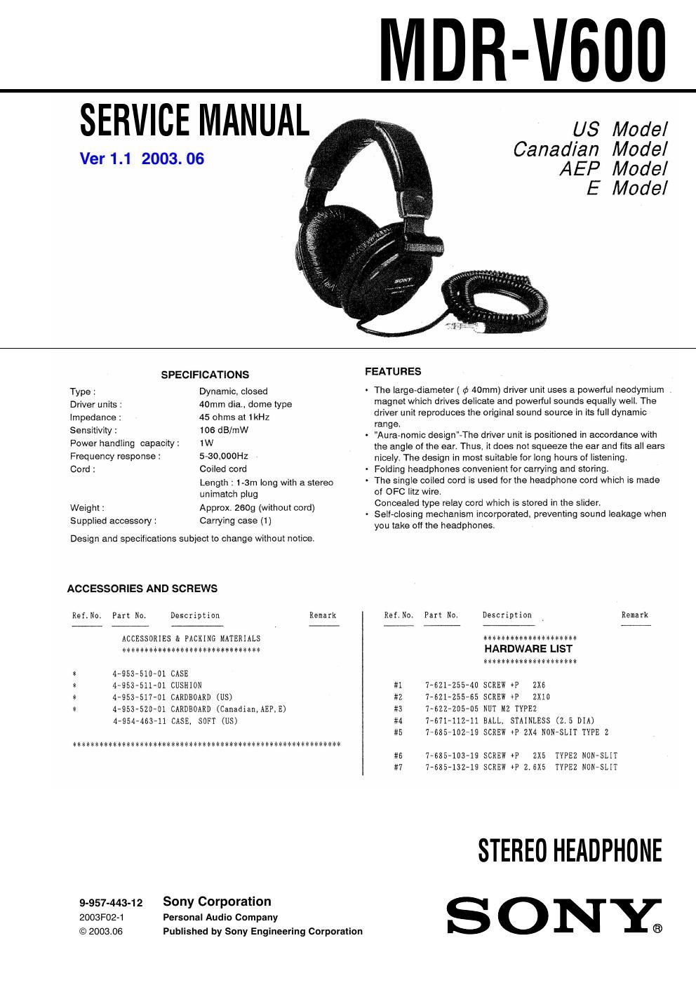 sony mdr v 600 service manual