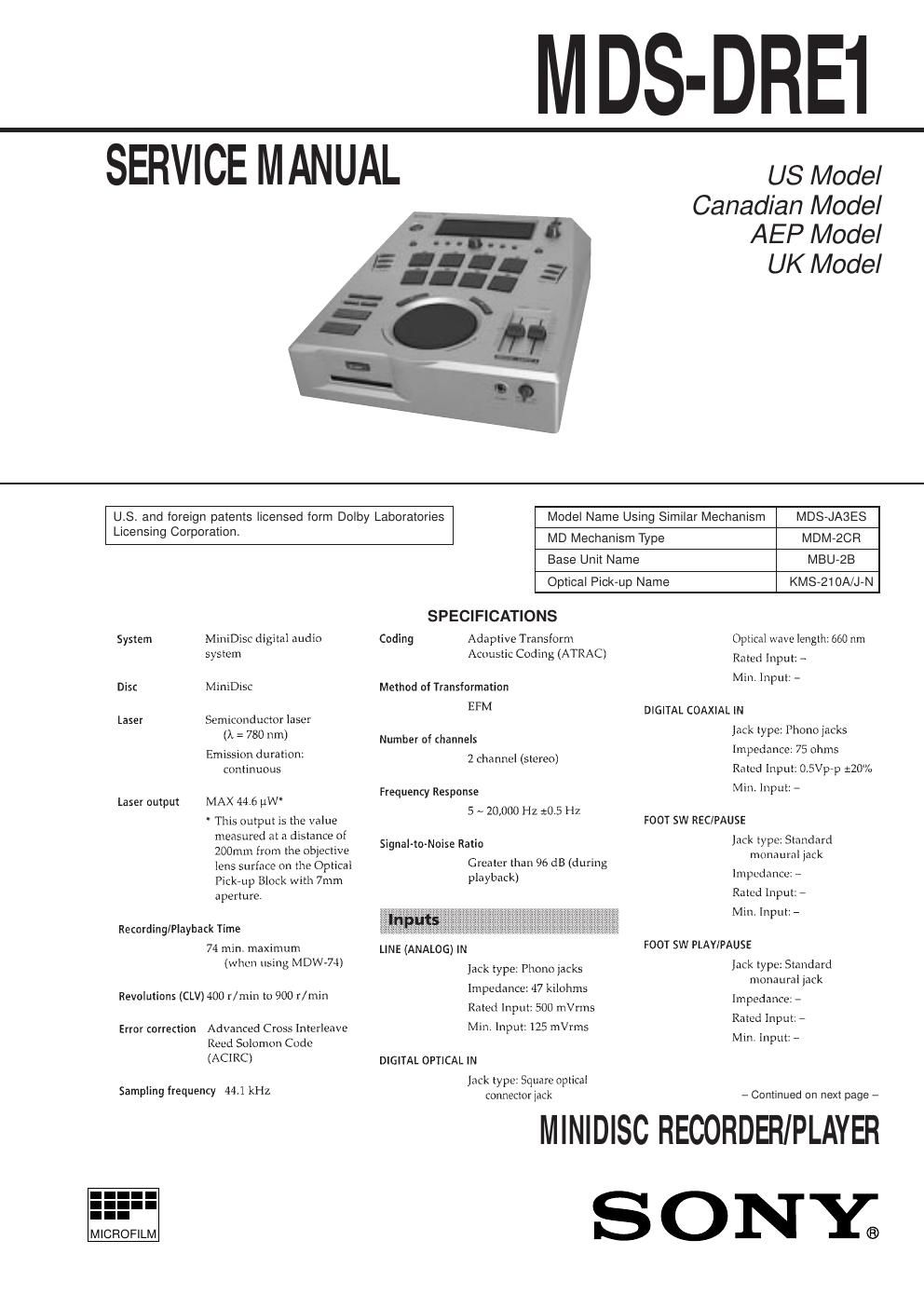 sony mds dre 1 service manual