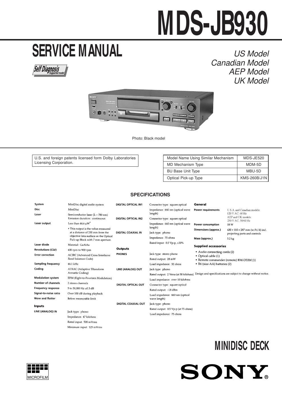 sony mds jb 930 md service manual