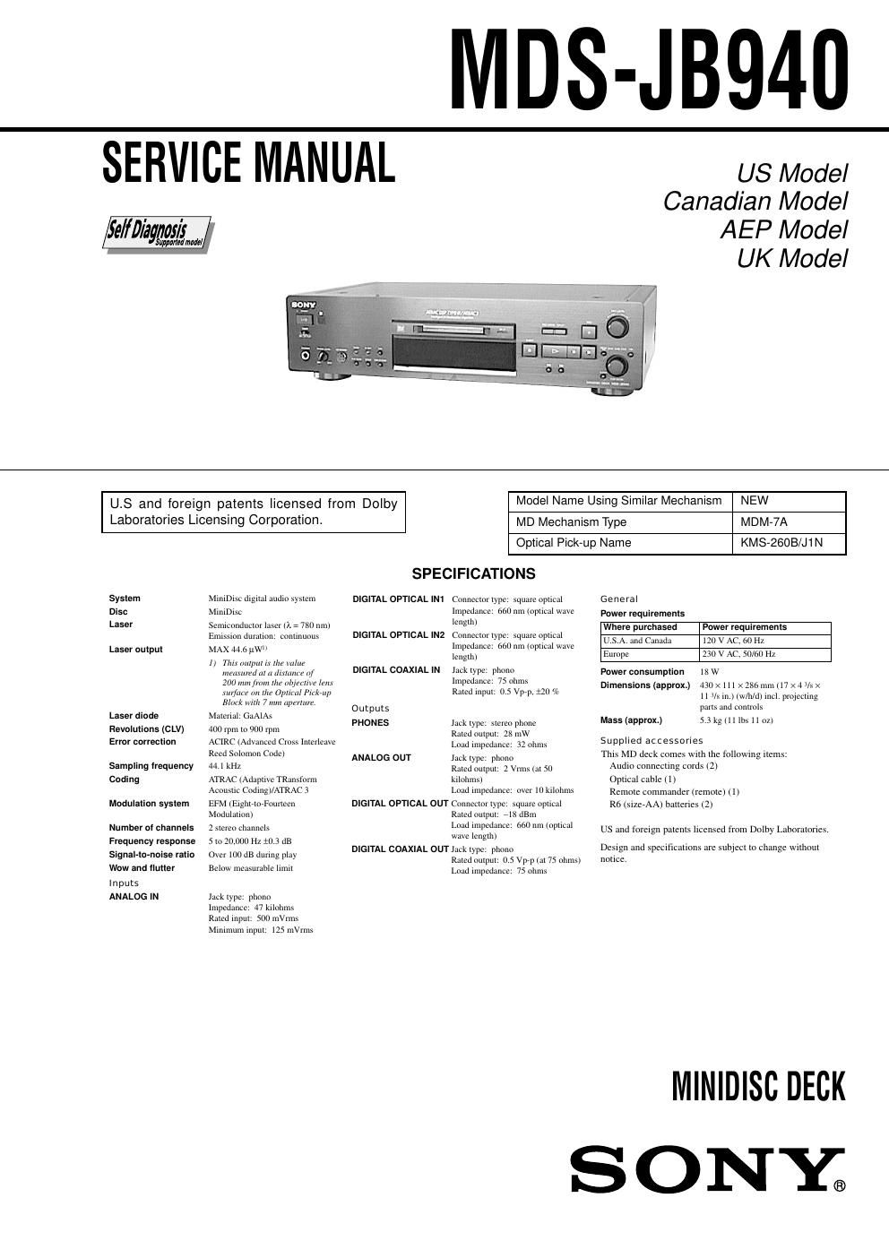 sony mds jb 940 service manual