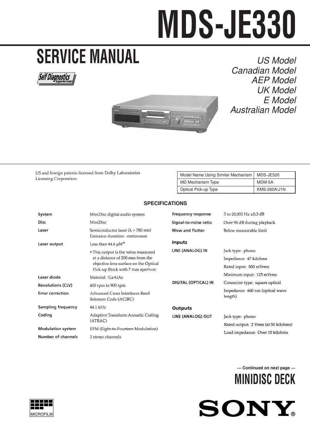 sony mds je 330 service manual