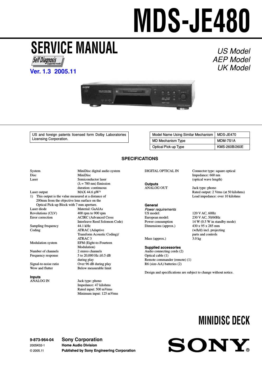 sony mds je 480 service manual