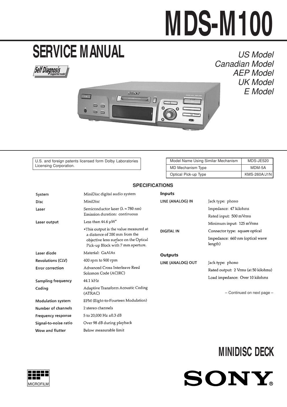 sony mds m 100 service manual