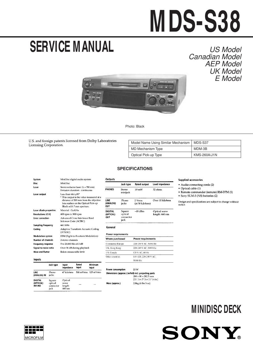 sony mds s 38 service manual