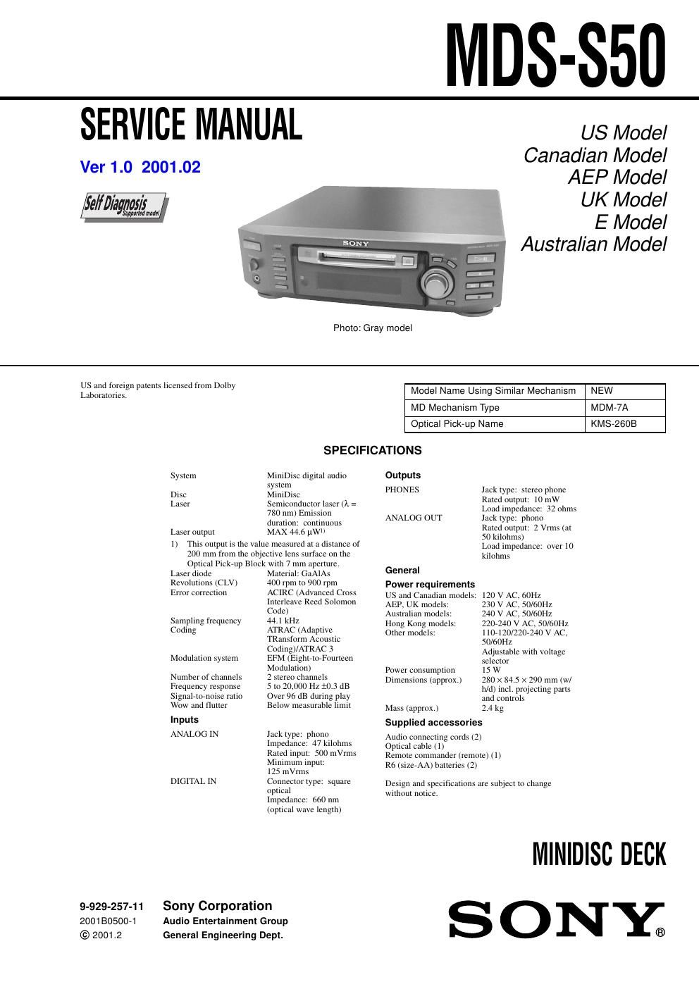 sony mds s 50 service manual