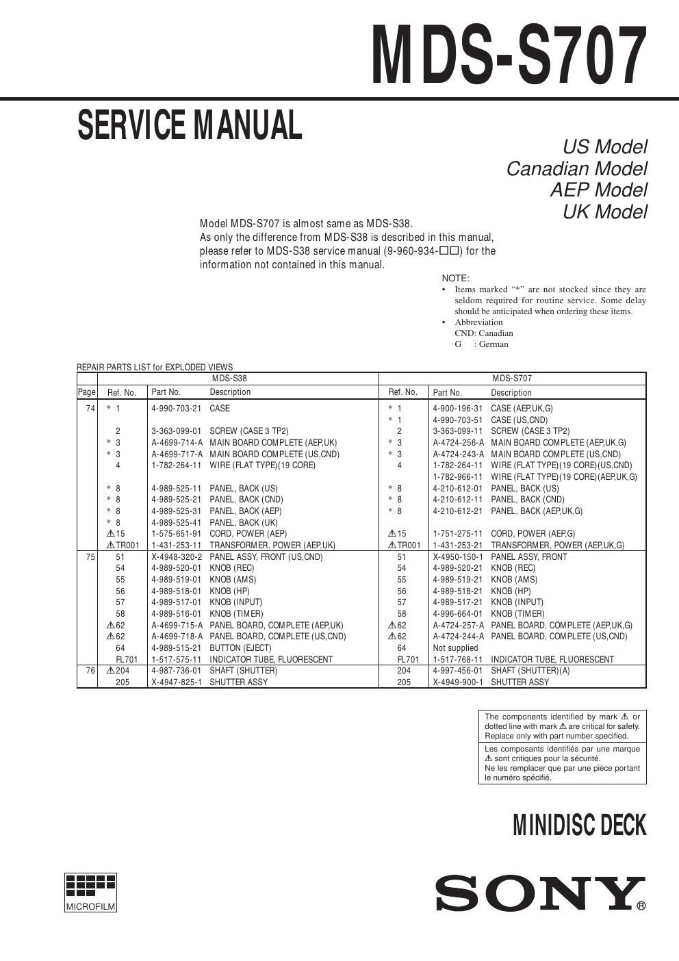 sony mds s 707 service manual