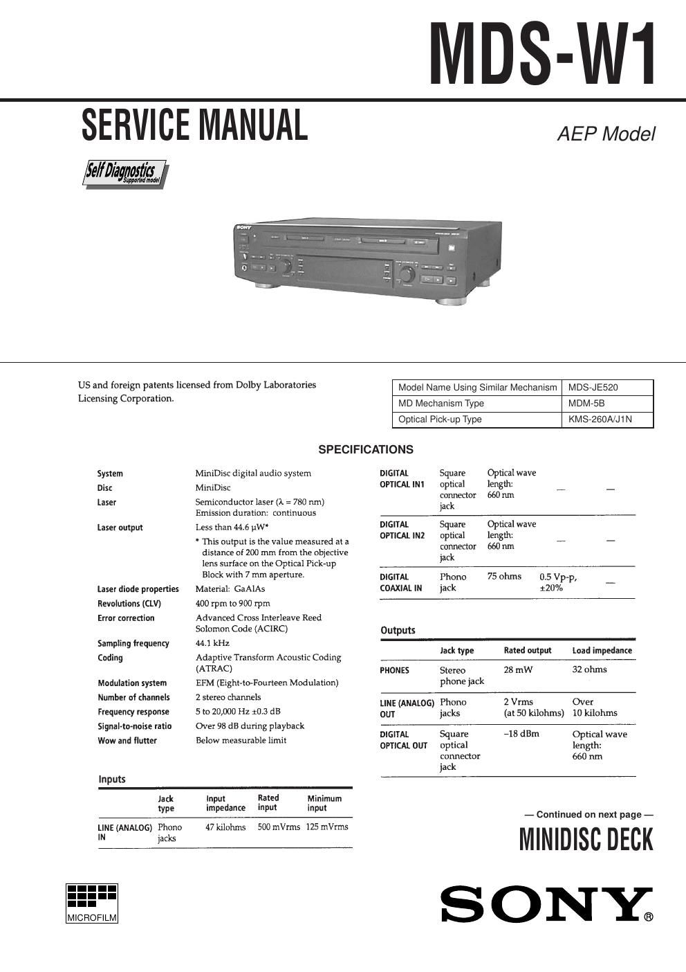 sony mds w 1 service manual