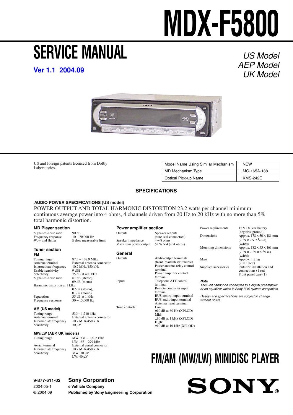 sony mdx f 5800 service manual