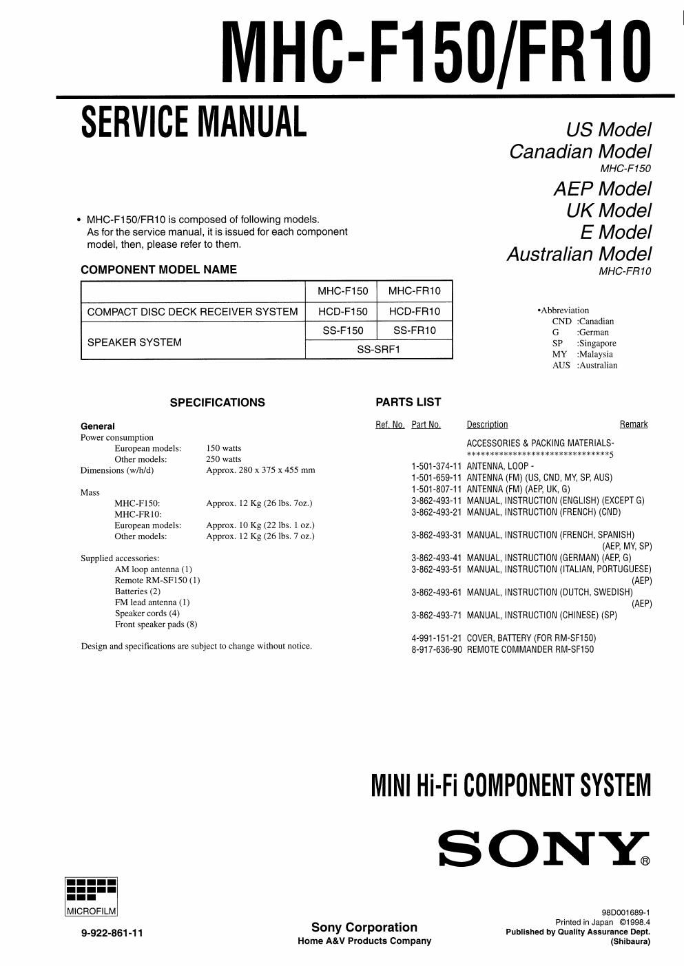 sony mhc fr 10 service manual