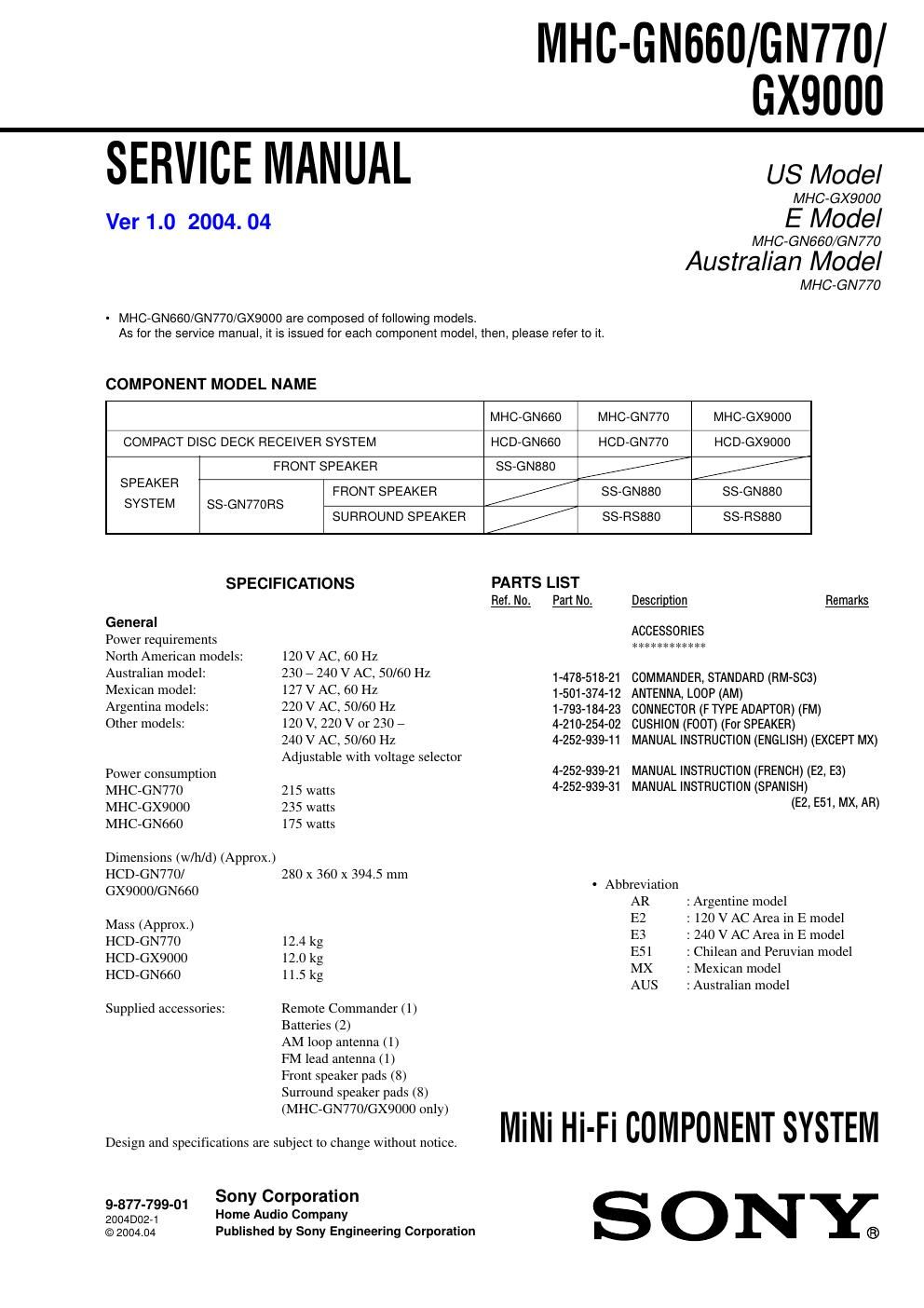 sony mhc gn 660 service manual