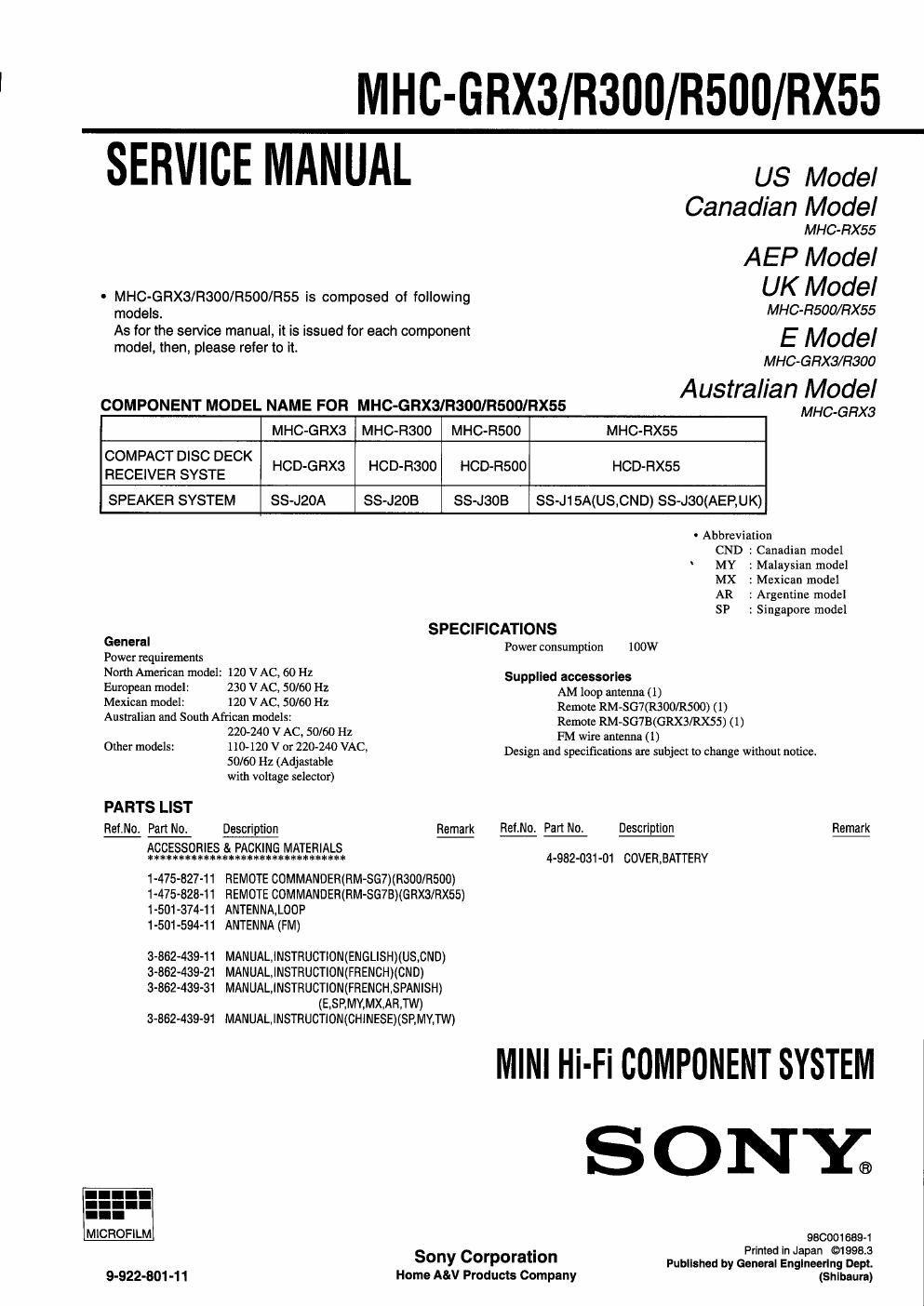 sony mhc grx 3 r300 r500 rx55