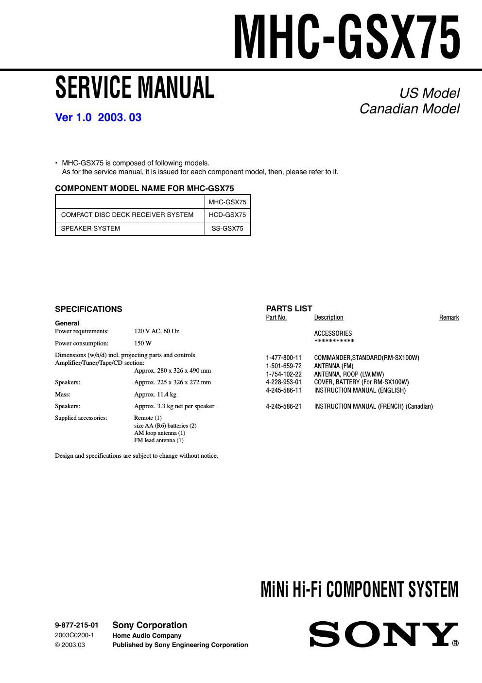 sony mhc gsx 75 service manual