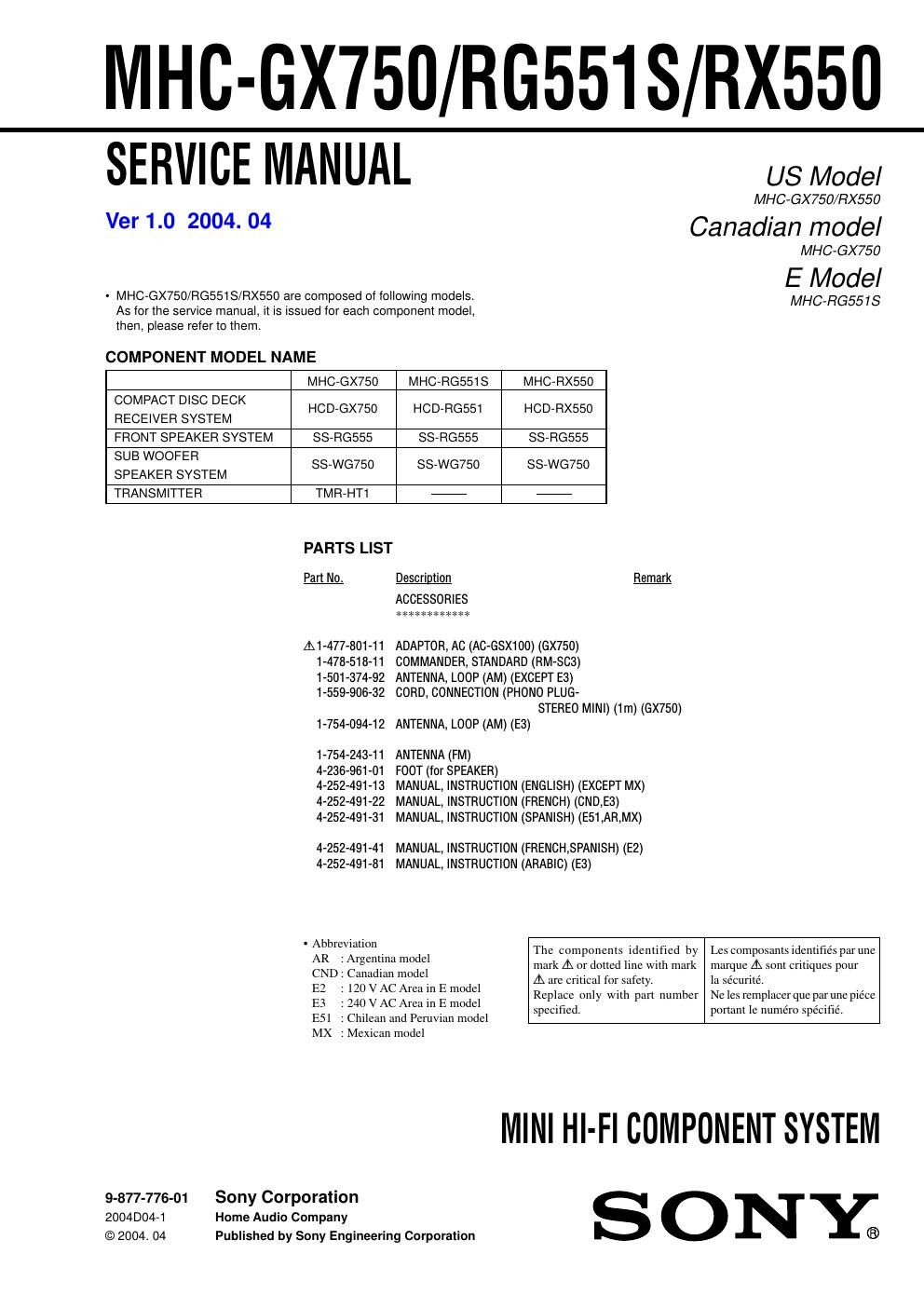 sony mhc gx 750 service manual