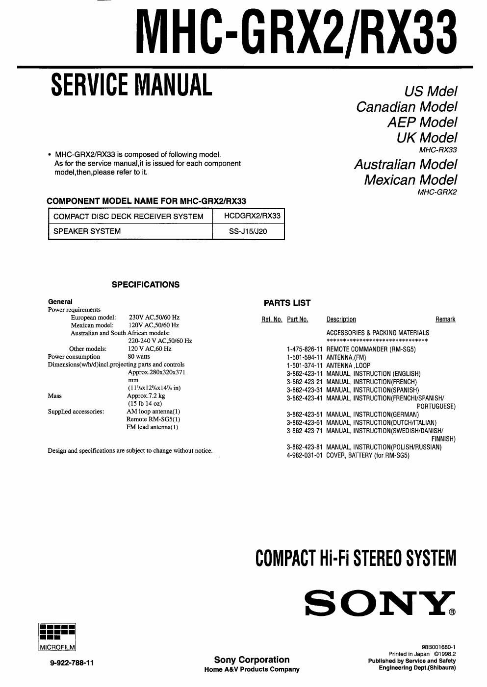 sony mhc rx 33 service manual