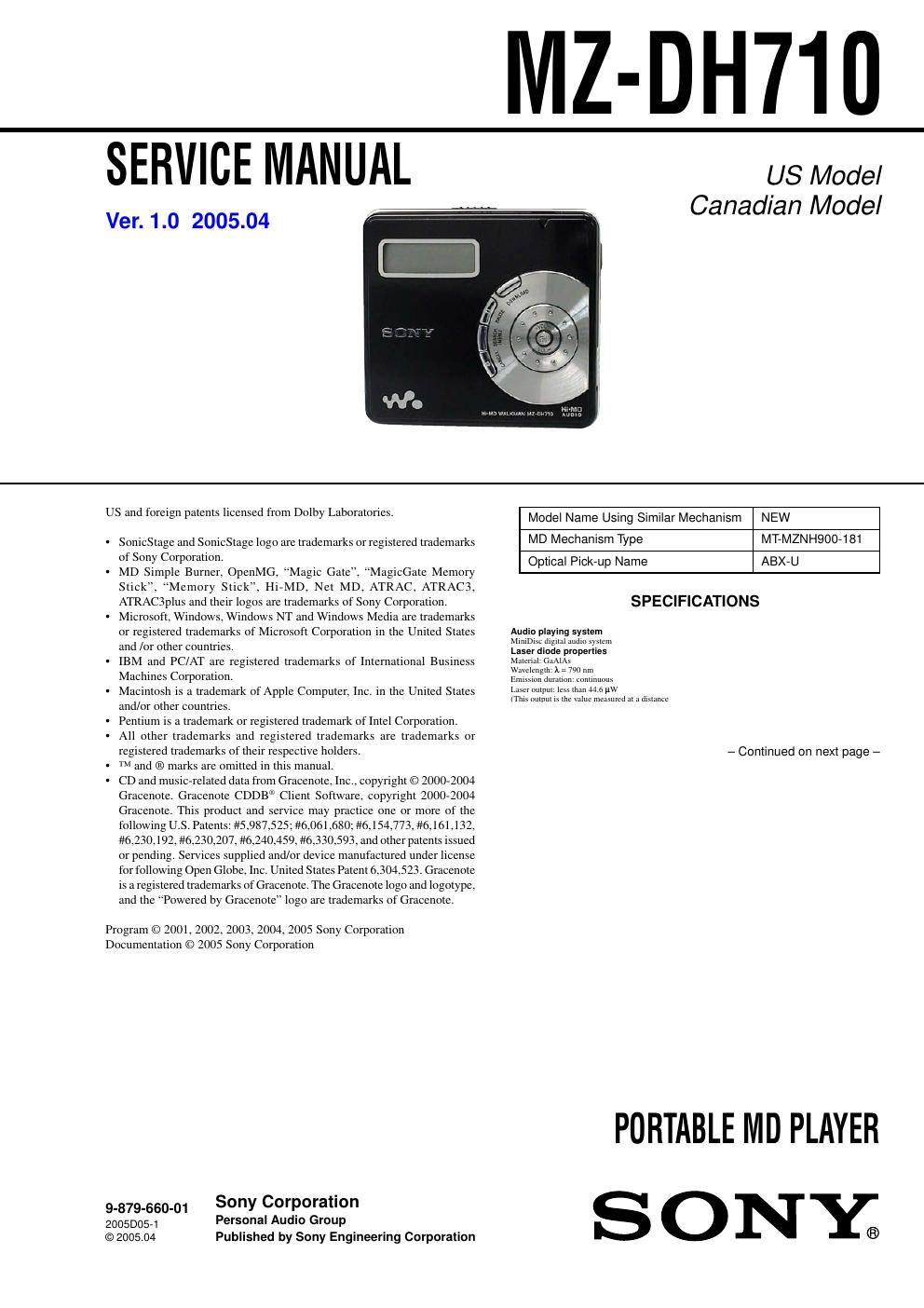 sony mz dh 710 service manual