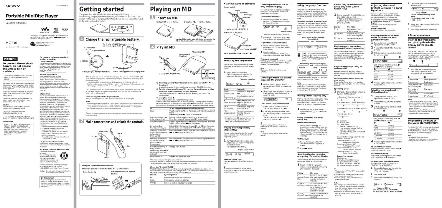 sony mz e 10 owners manual