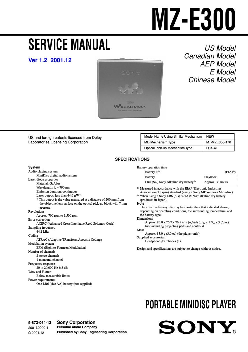 sony mz e 300 service manual