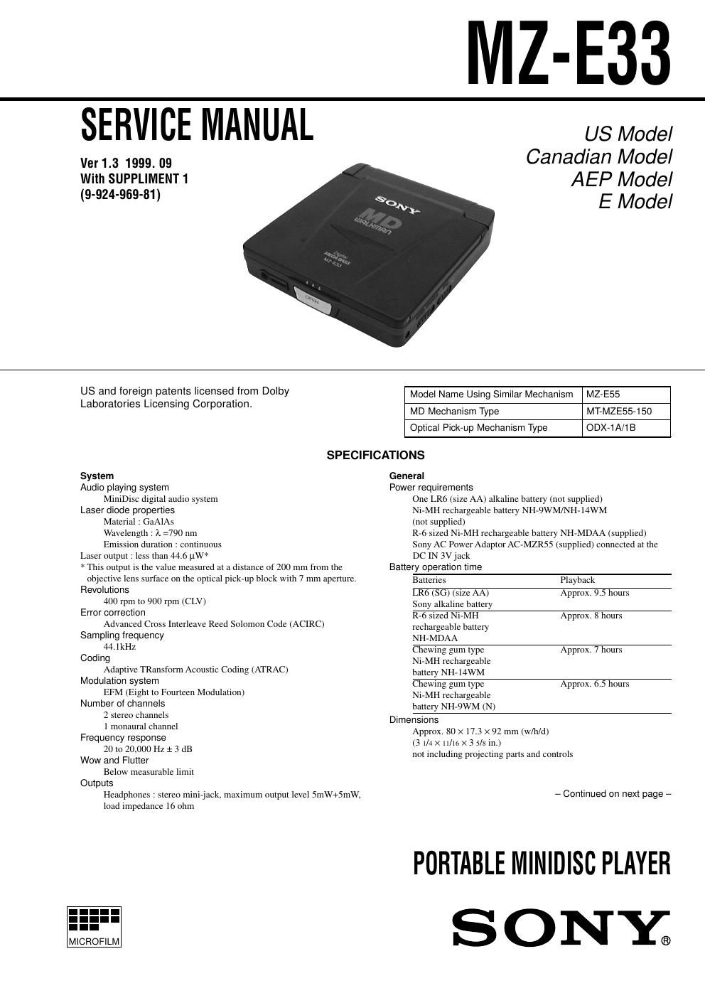 sony mz e 33 service manual