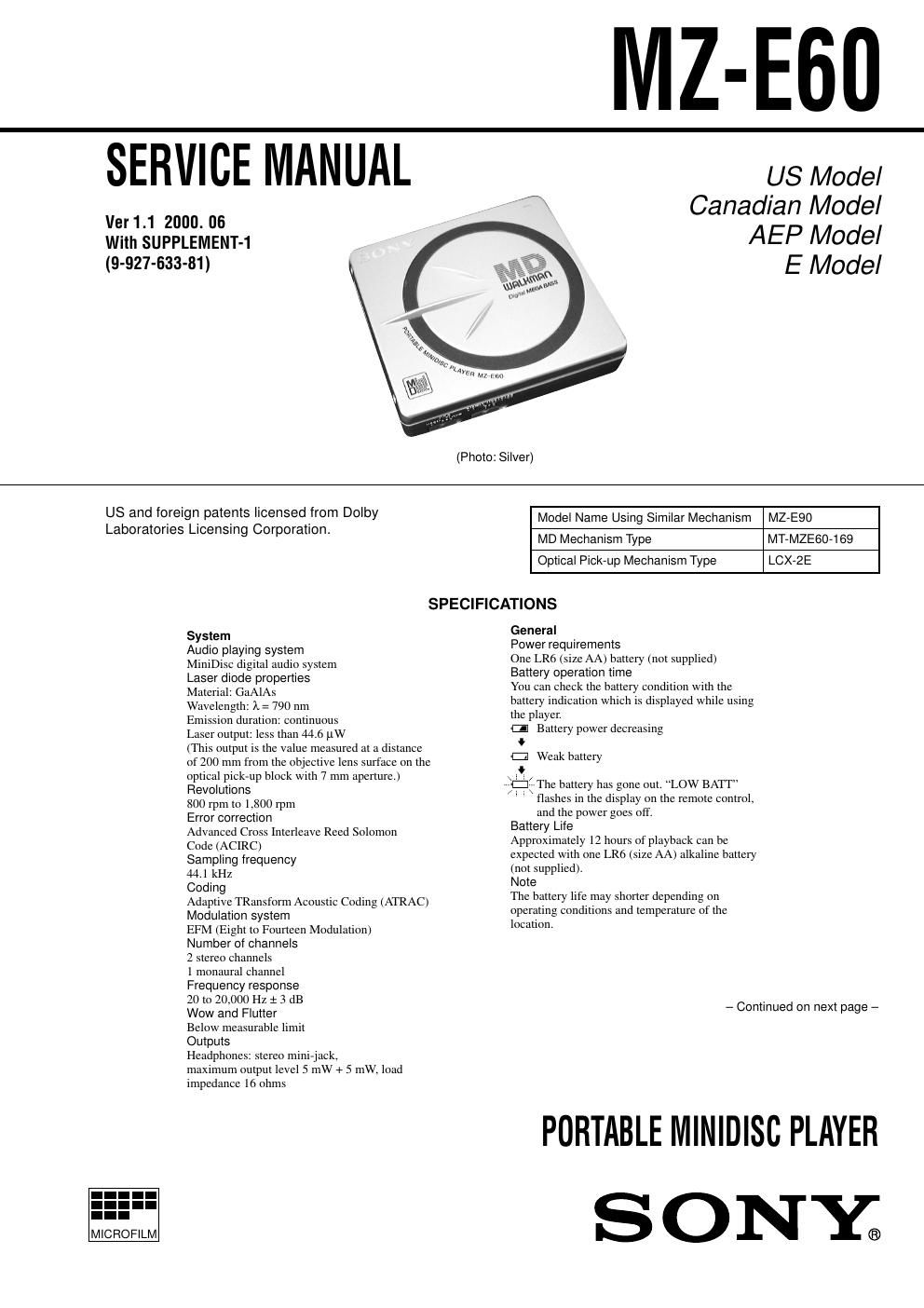 sony mz e 60 service manual