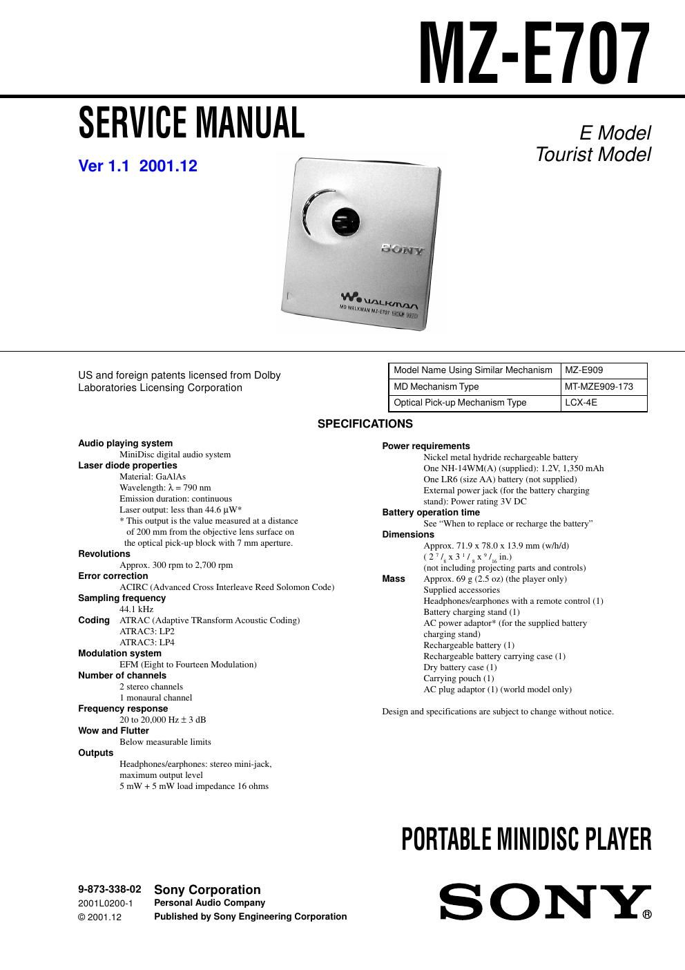 sony mz e 707 service manual