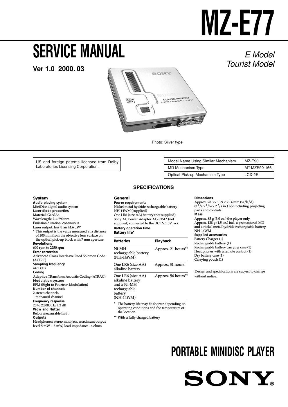 sony mz e 77 service manual