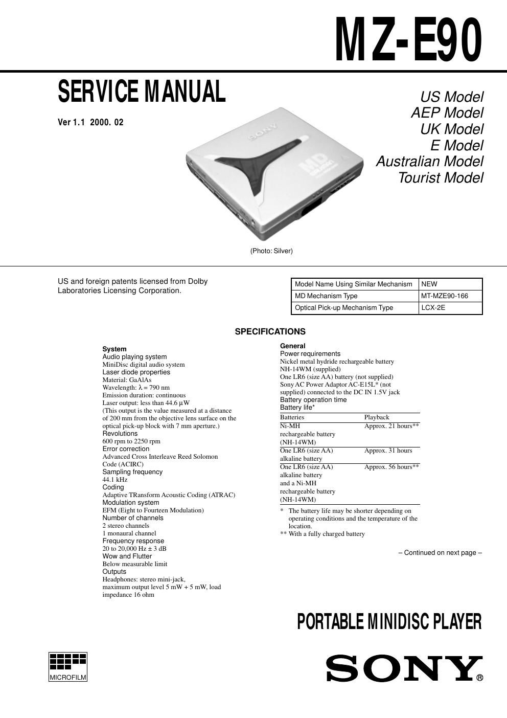 sony mz e 90 service manual