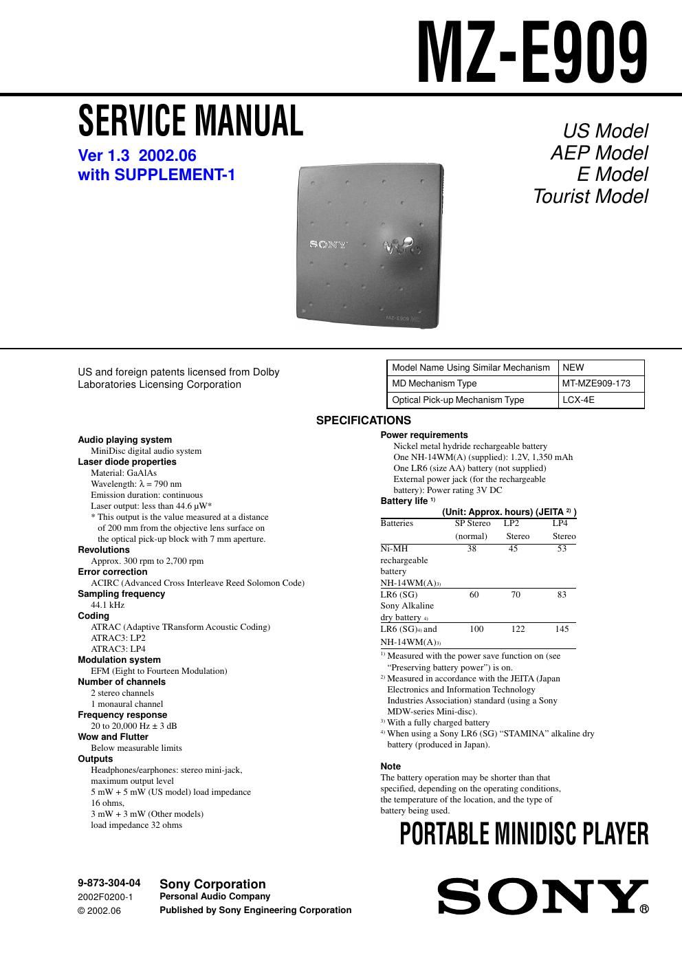 sony mz e 909 service manual