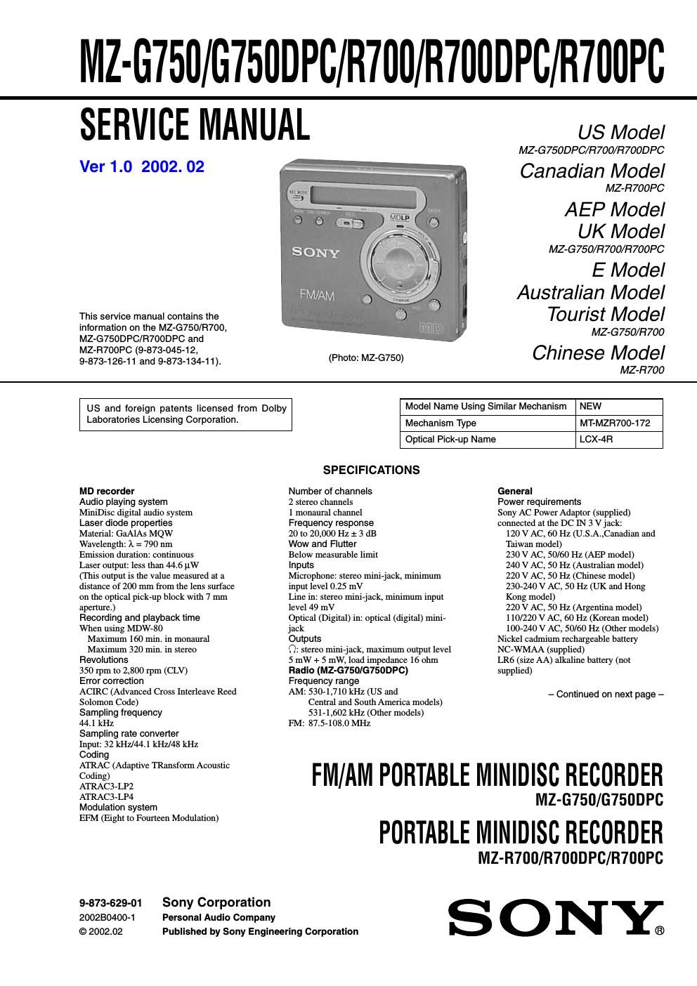 sony mz g 700 dpc service manual