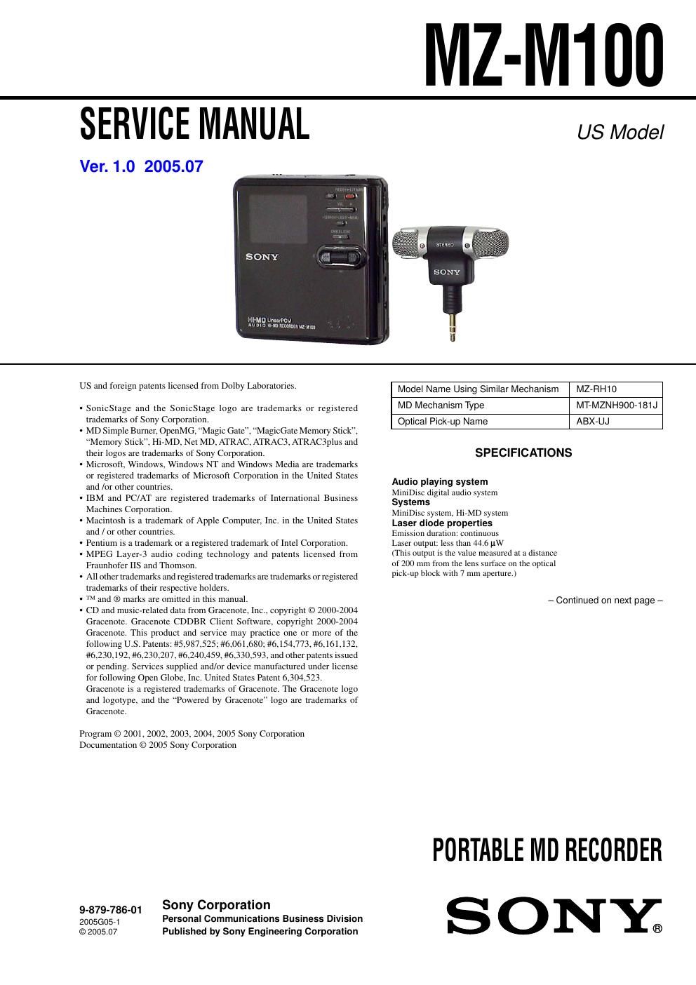 sony mz m 100 service manual